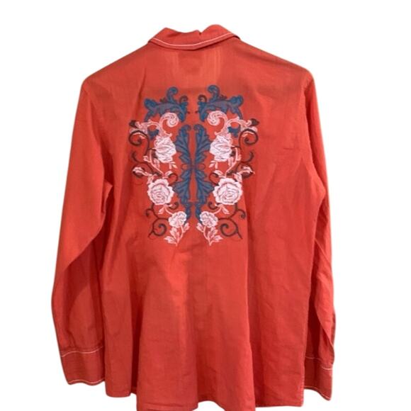 Ariat Embroidered Snap Up Blouse Top M Orange Fitted 100% Cotton Western Rodeo - Picture 1 of 10